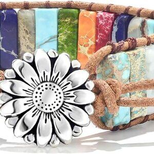 7 Chakra Bracelets for Women Men Gemstone Leather Wrap Healing Jewelry